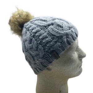Bula Women Gray Brown Wool Blend Cable Knit Pom Pom Beanie Hat One Size